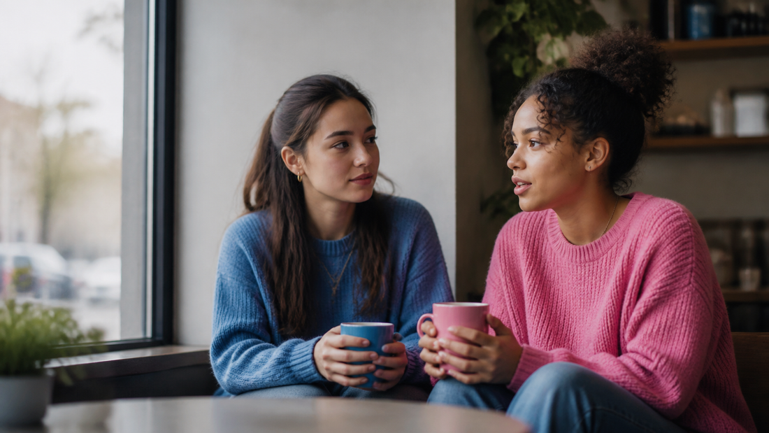 Two young adults having an honest supportive conversation over warm drinks