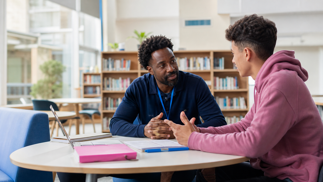 Student speaking with a supportive member of school staff in a bright library