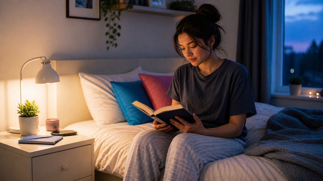 Young adult reading calmly in a softly lit bedroom as part of a relaxing bedtime routine