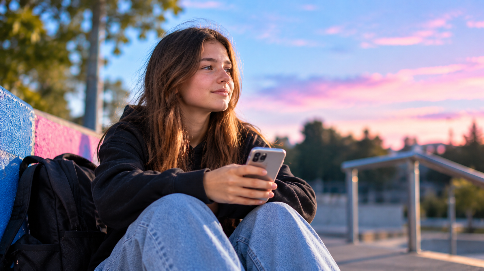 Young person taking a thoughtful break from their phone outdoors, representing social media and young people's mental health.