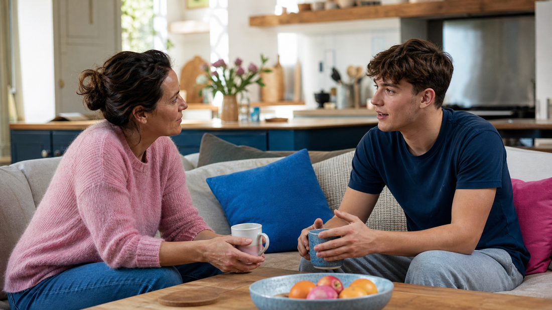 Trusted adult listening to a young person during a relaxed conversation at home