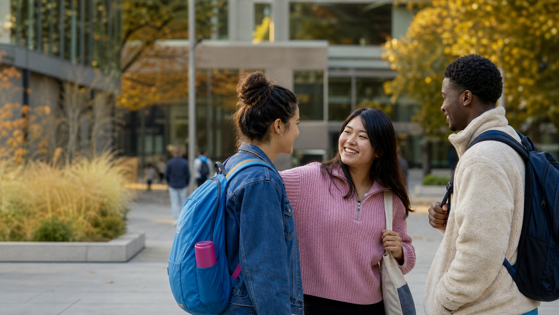 Three students with backpacks walking together at the start of a new term, representing fresh starts and young people's mental wellbeing.