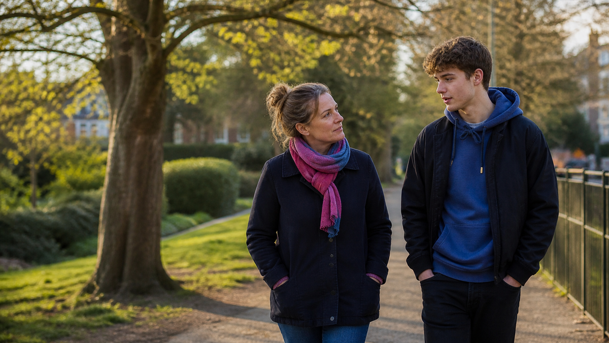 Adult and young person having a supportive conversation while walking in a park