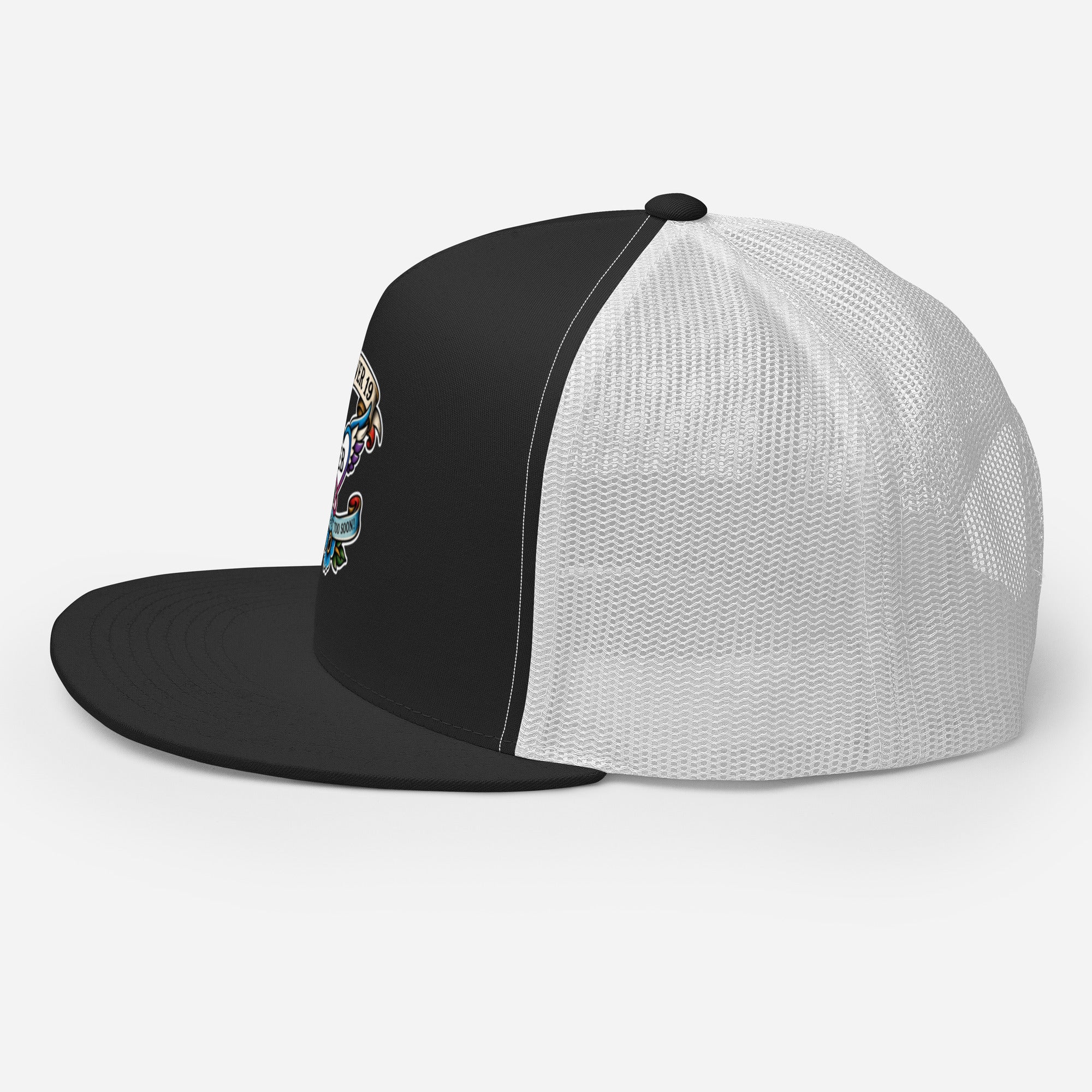 Forever 19 mental health awareness black and white trucker cap left side