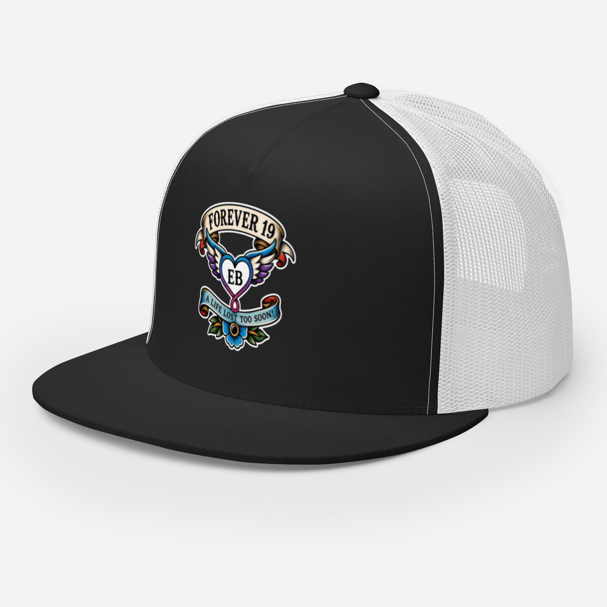 Forever 19 mental health awareness black and white trucker cap left front