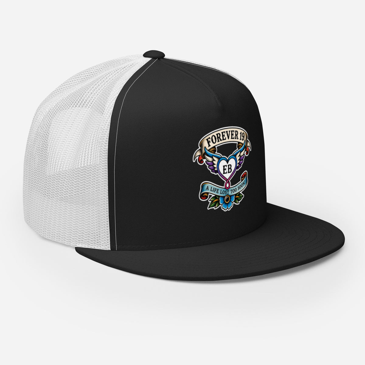 Forever 19 mental health awareness black and white trucker cap right front