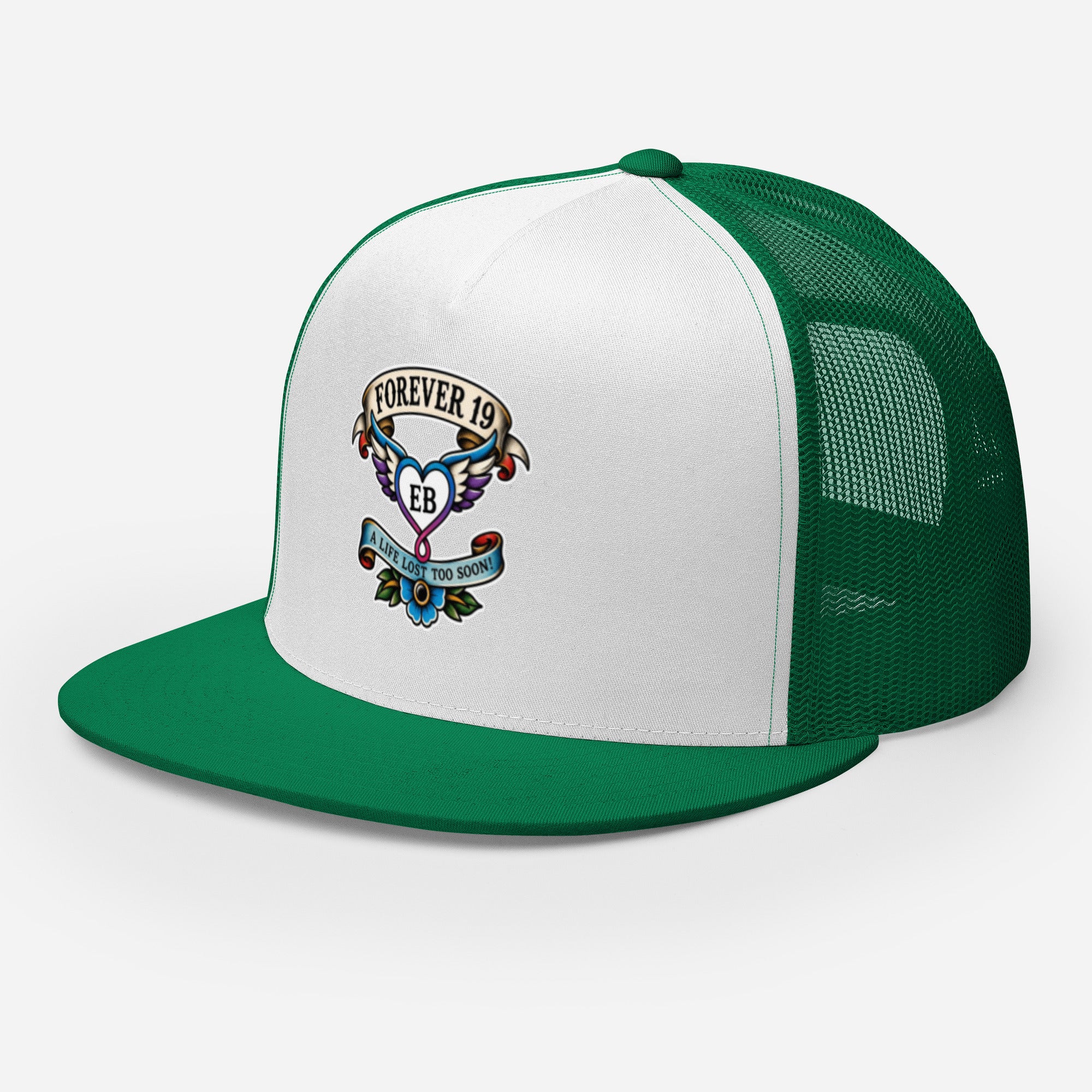 Forever 19 mental health awareness green and white trucker cap left front