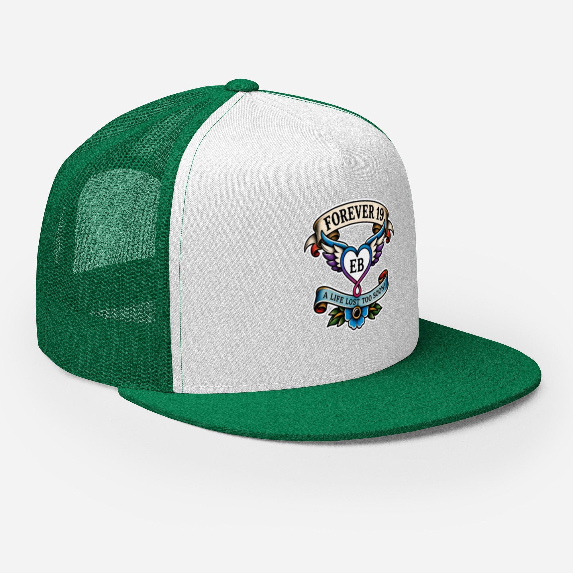Forever 19 mental health awareness green and white trucker cap right front