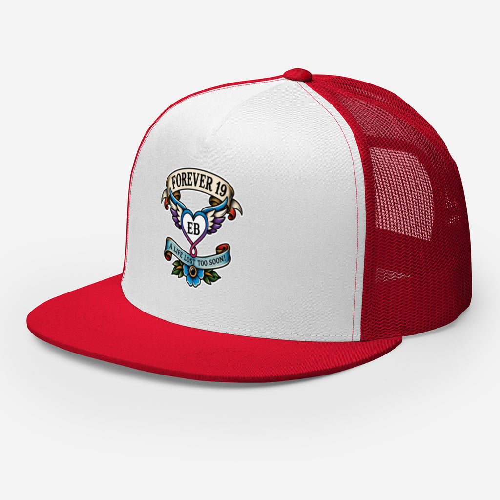 Forever 19 mental health awareness red and white trucker cap left front