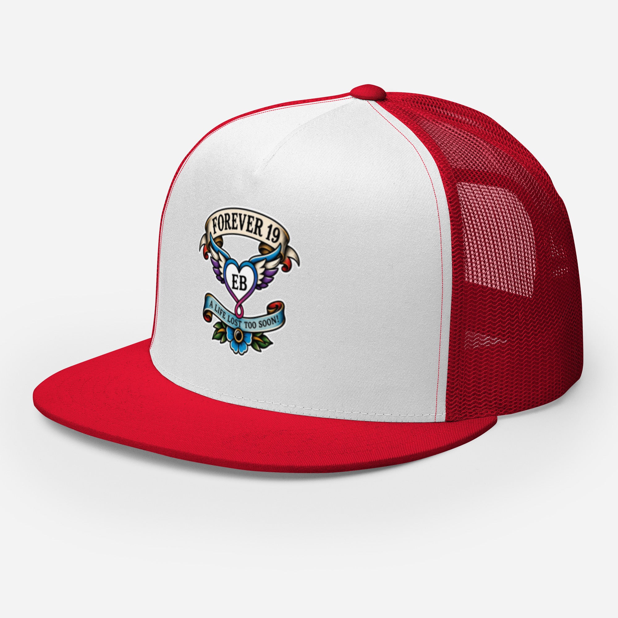 Forever 19 mental health awareness red and white trucker cap left front