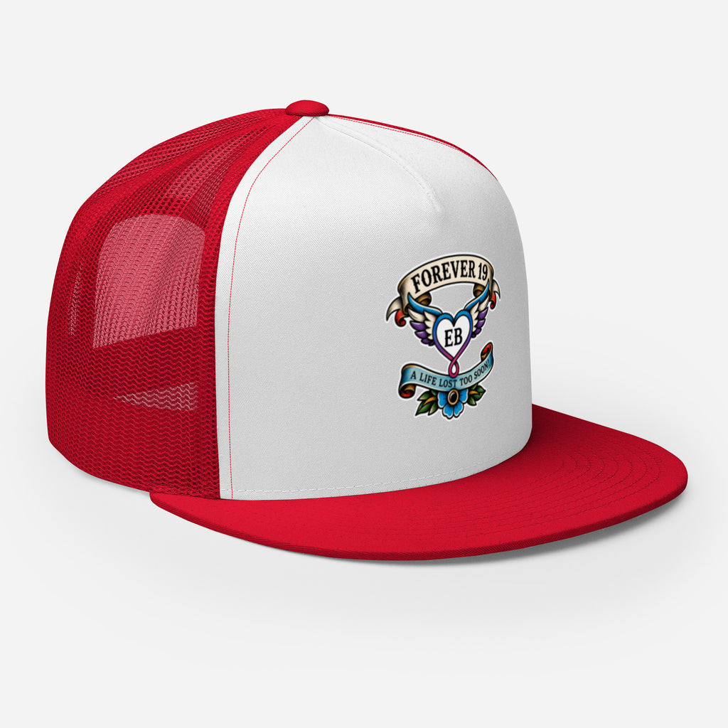 Forever 19 mental health awareness red and white trucker cap right front
