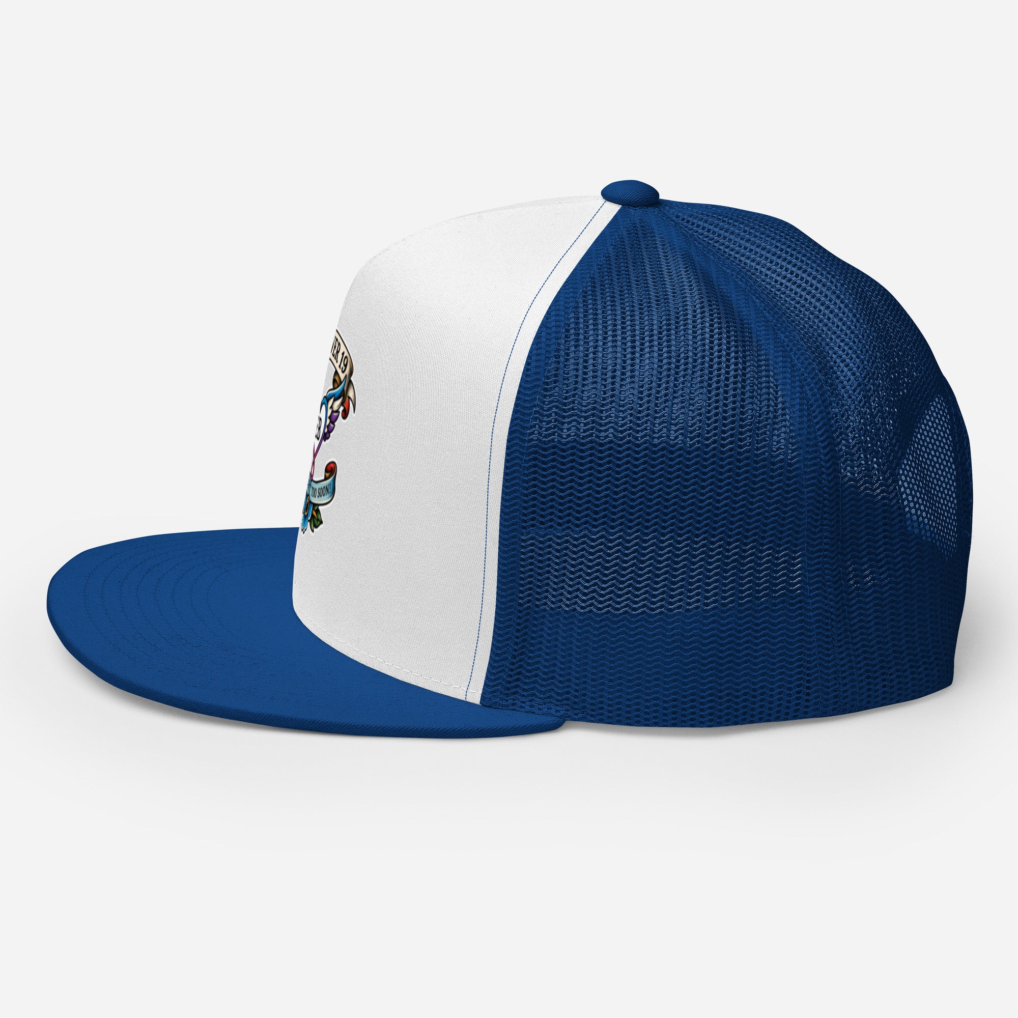 Forever 19 mental health awareness royal blue and white trucker cap left side