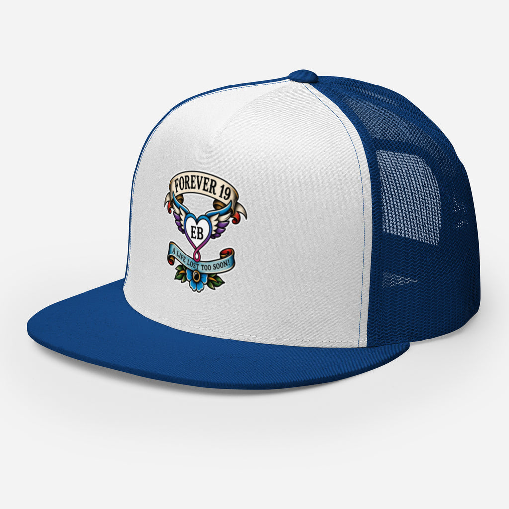Forever 19 mental health awareness royal blue and white trucker cap left front