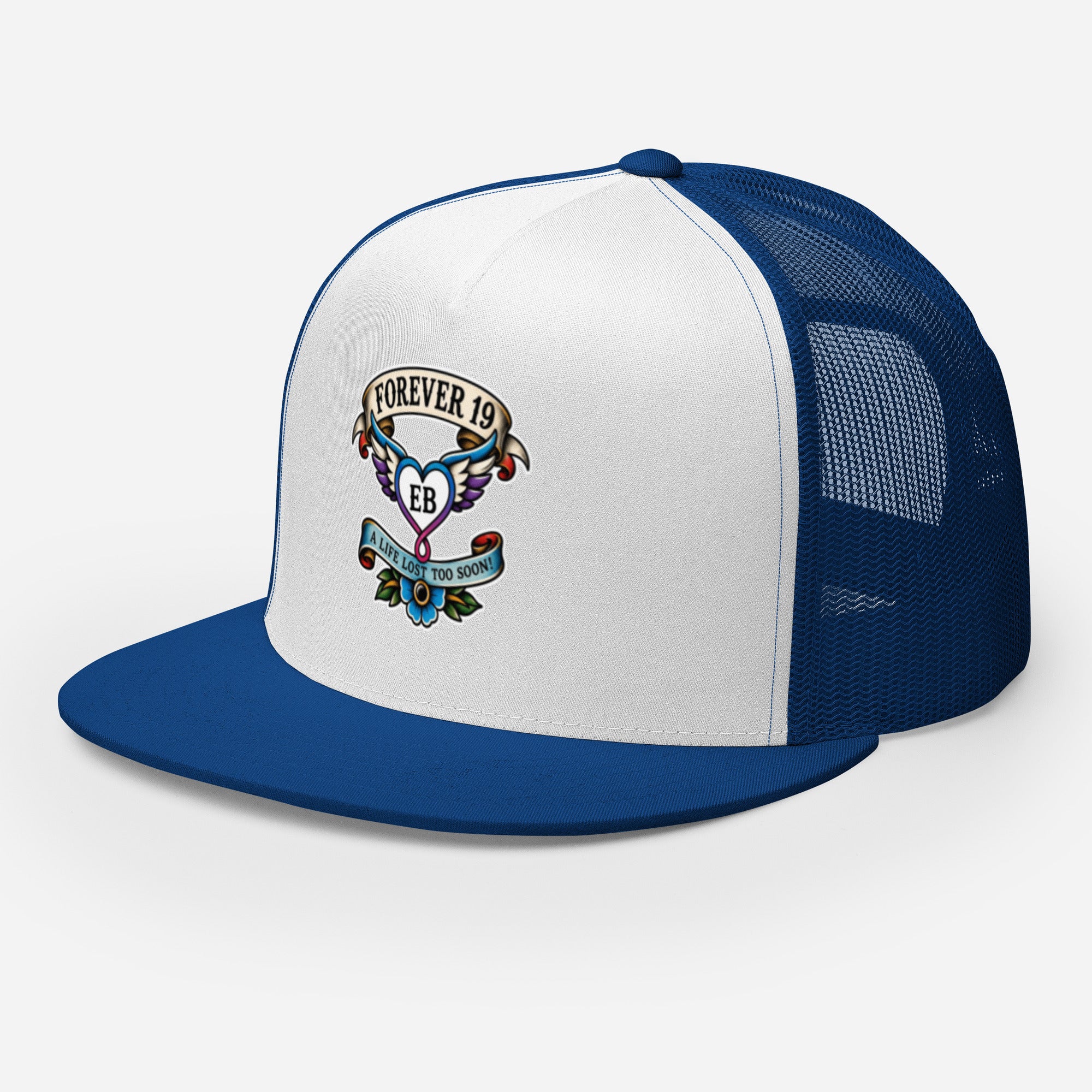 Forever 19 mental health awareness royal blue and white trucker cap left front