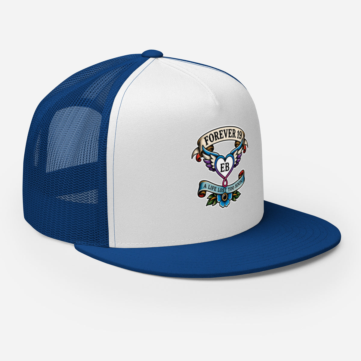 Forever 19 mental health awareness royal blue and white trucker cap right front
