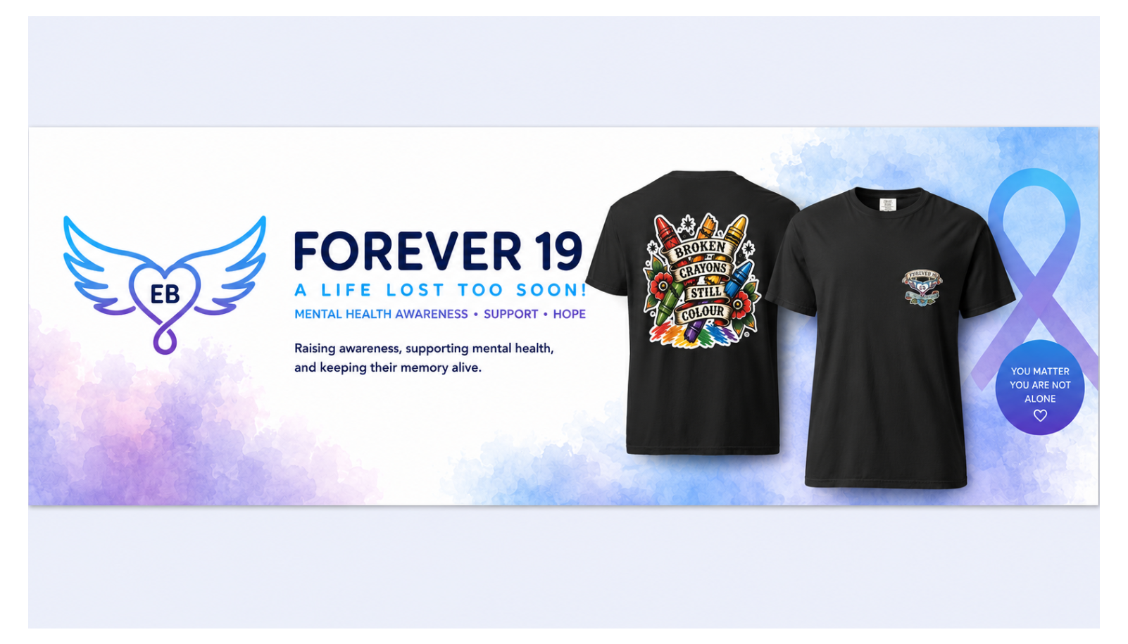 Two black t-shirts with colorful designs on a light blue background with 'Forever 19' text and logo.
